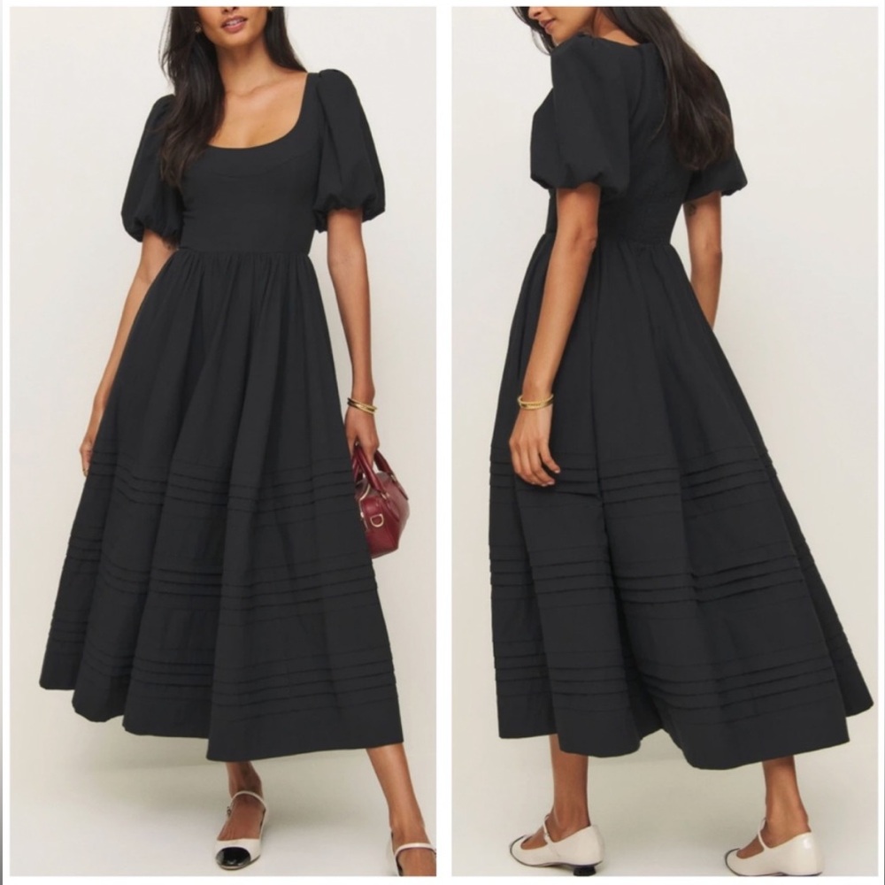 reformation everlyn puff sleeve tiered midi full skirt dress in black cotton